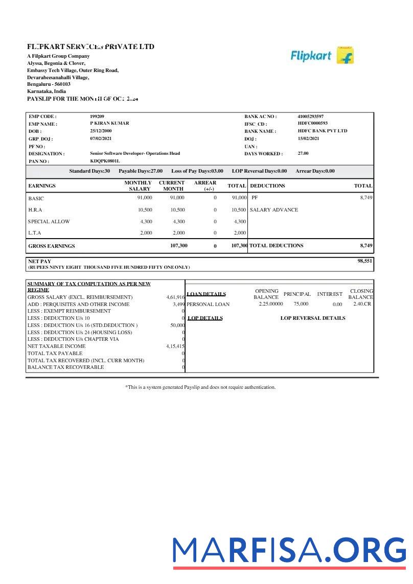 Realistic Filpkart Services payslip download for verification